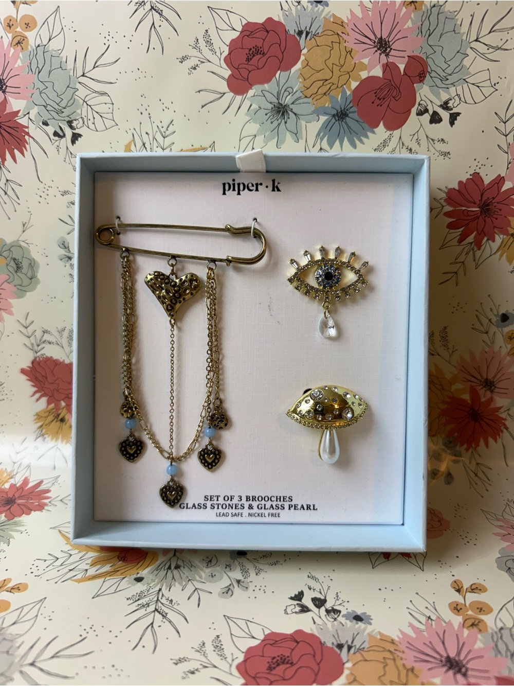 piper·k Gold-Tone Heart & Eye Brooch Set - Gold with Pearl Accents